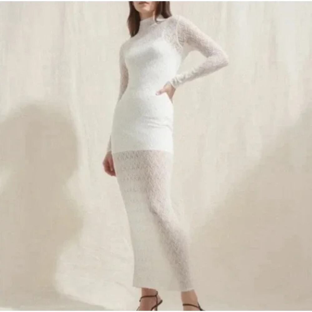 Abercrombie & Fitch Sheer White Merino Wool Blend Maxi Sweater Mock Neck Dress